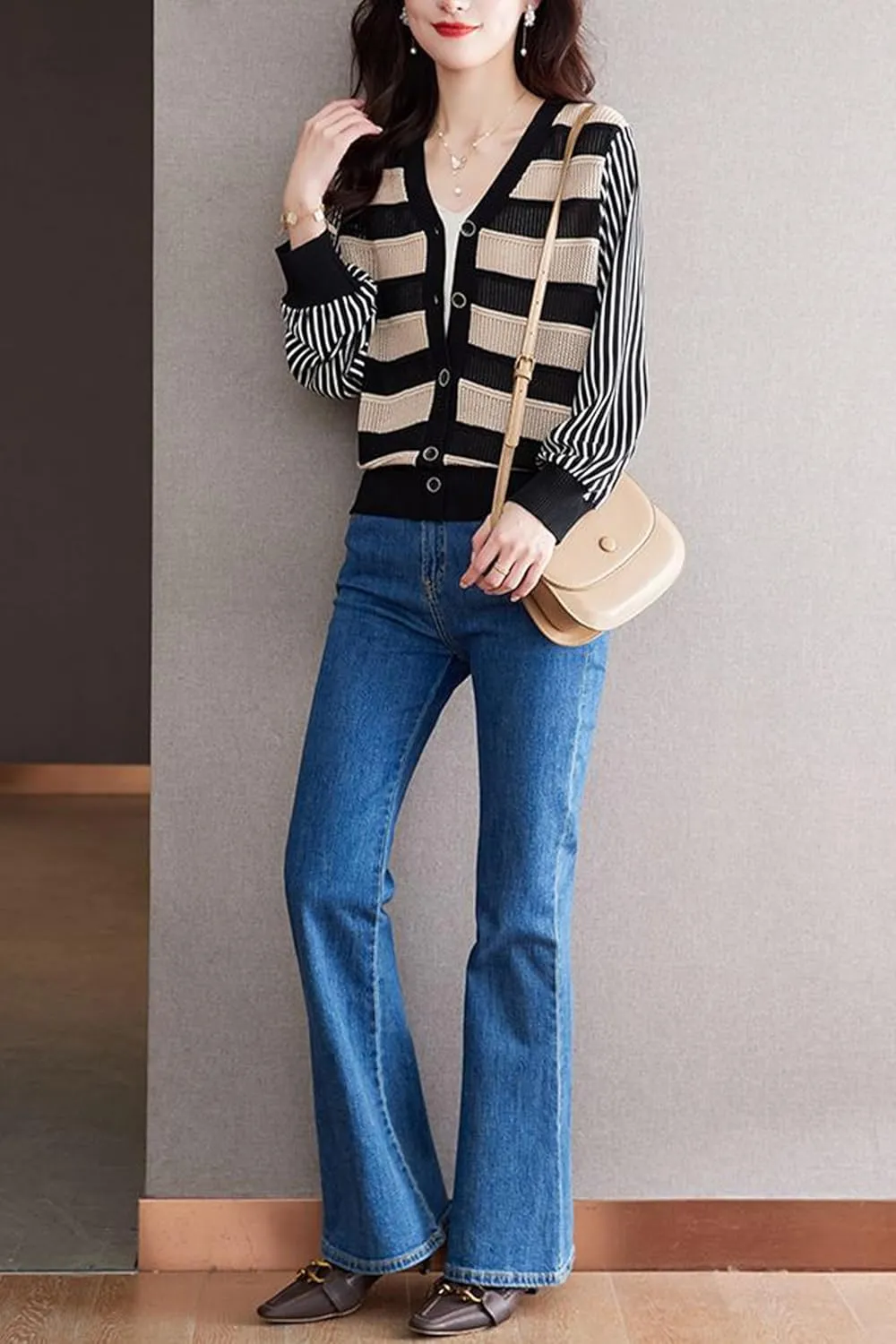 LAI MENG FIVE CATS Women's V-Neck Striped Cardigan Sweaters Long Sleeve Button Down Fashion Casual Tops