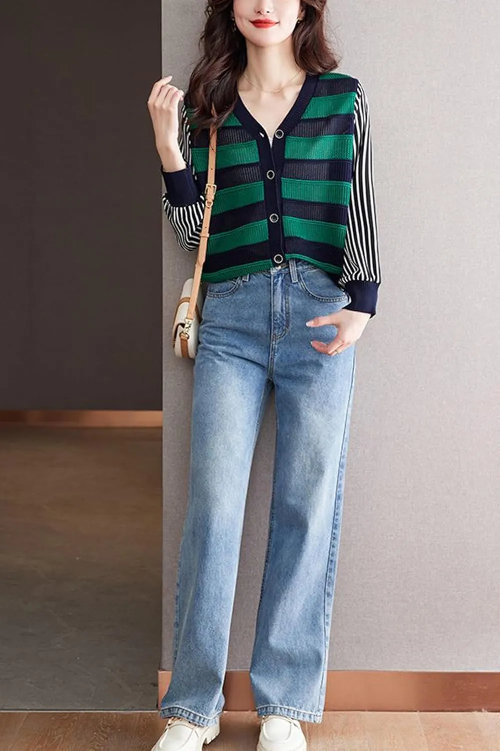 LAI MENG FIVE CATS Women's V-Neck Striped Cardigan Sweaters Long Sleeve Button Down Fashion Casual Tops
