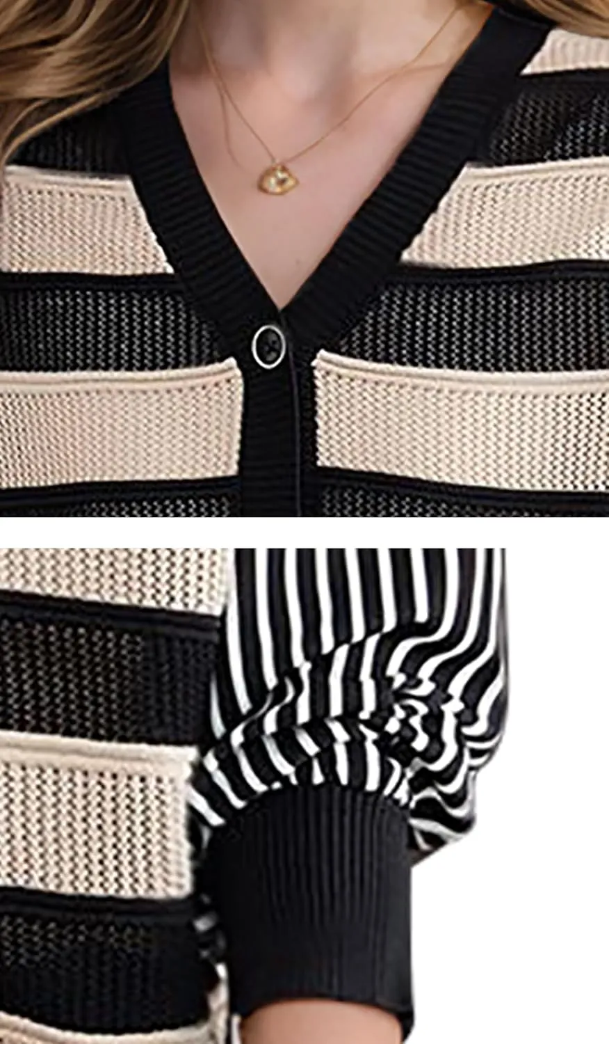 LAI MENG FIVE CATS Women's V-Neck Striped Cardigan Sweaters Long Sleeve Button Down Fashion Casual Tops