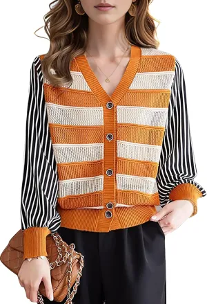 LAI MENG FIVE CATS Women's V-Neck Striped Cardigan Sweaters Long Sleeve Button Down Fashion Casual Tops