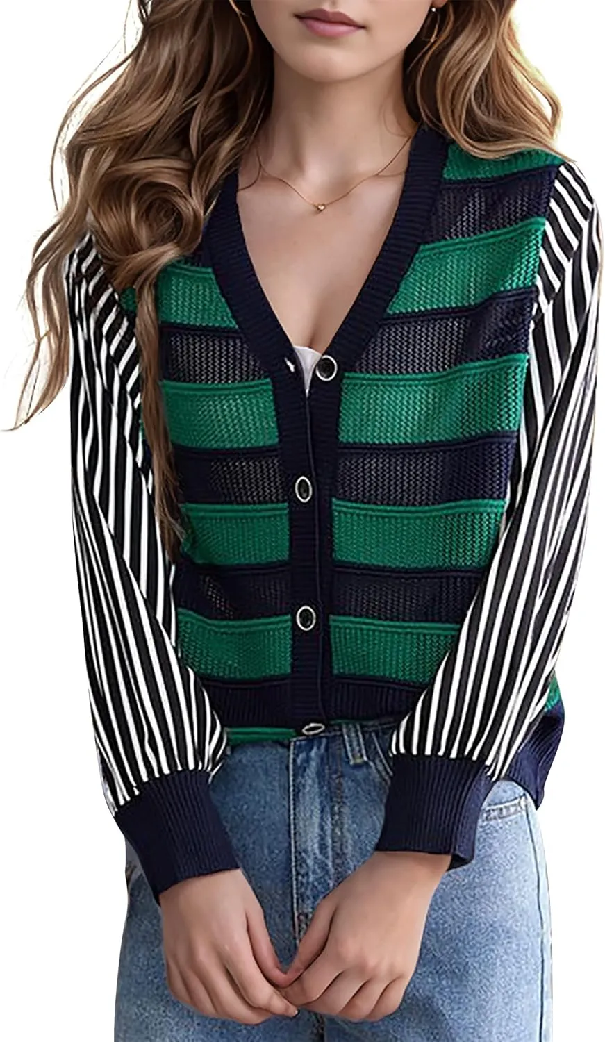 LAI MENG FIVE CATS Women's V-Neck Striped Cardigan Sweaters Long Sleeve Button Down Fashion Casual Tops