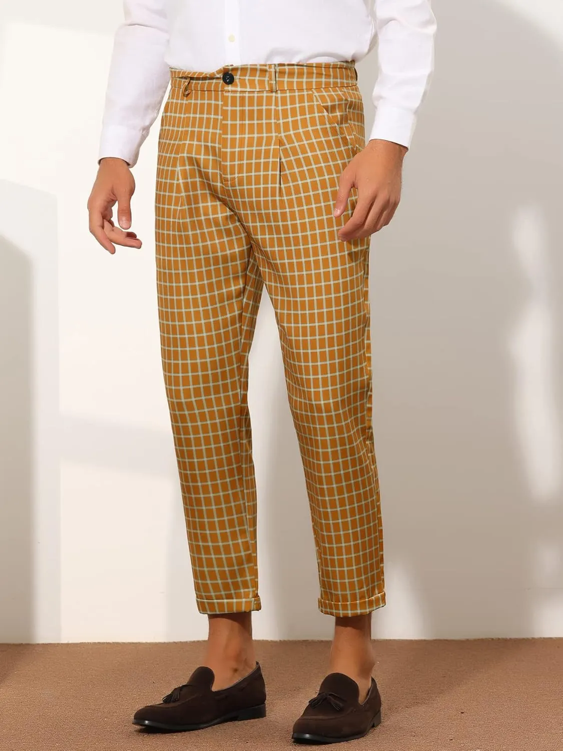 Lars Amadeus Plaid Cropped Pants for Men's Slim Fit Business Dress Pants Checked Slacks