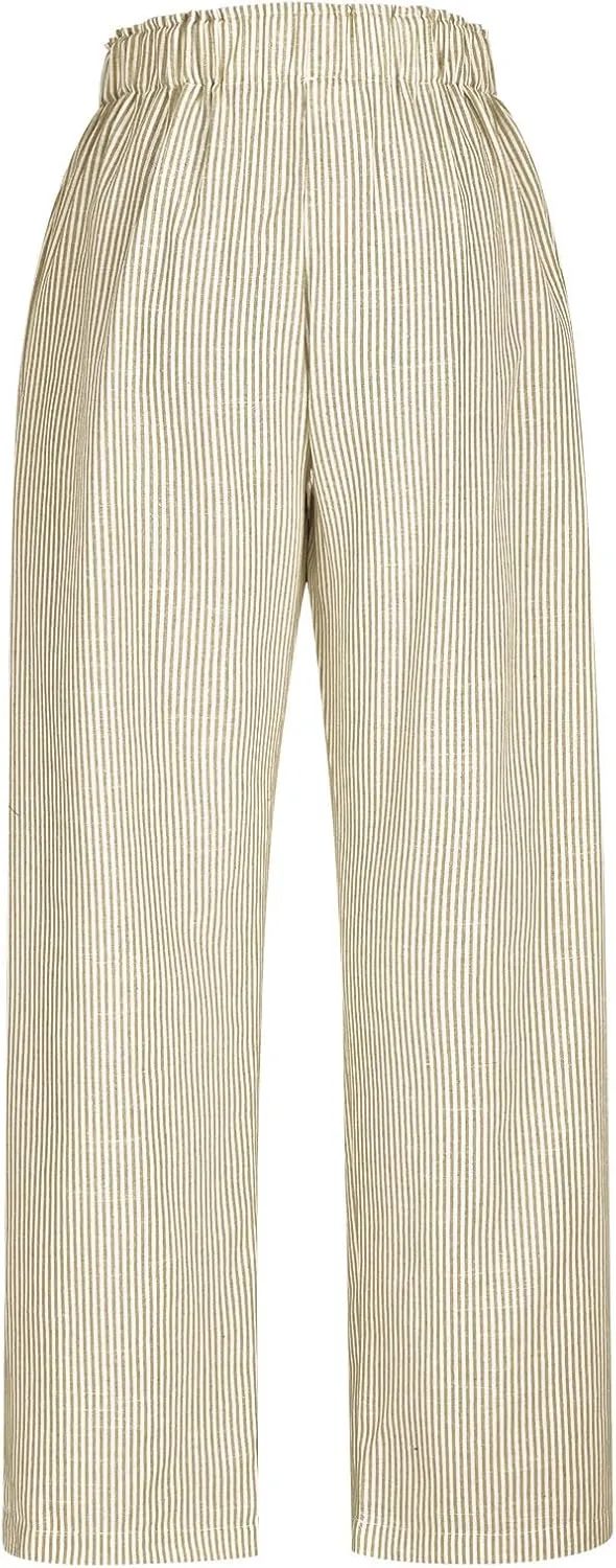 Lastesso Capri Pants for Women Fashion Vertical Stripe High Waist Belted Trousers Flowy Boho Business Casual Summer Outfits