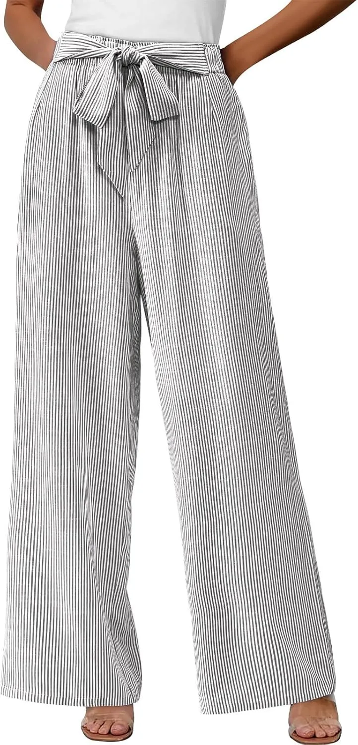Lastesso Capri Pants for Women Fashion Vertical Stripe High Waist Belted Trousers Flowy Boho Business Casual Summer Outfits