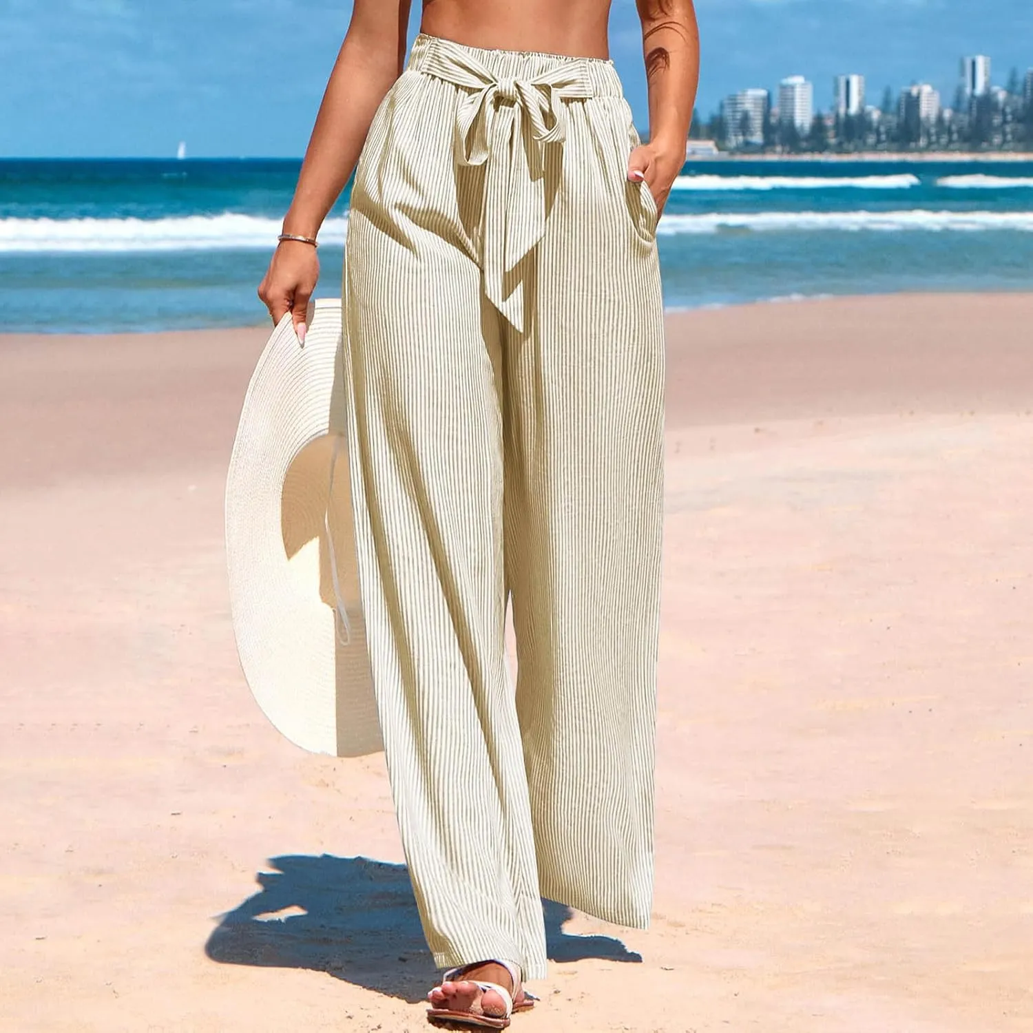 Lastesso Capri Pants for Women Fashion Vertical Stripe High Waist Belted Trousers Flowy Boho Business Casual Summer Outfits