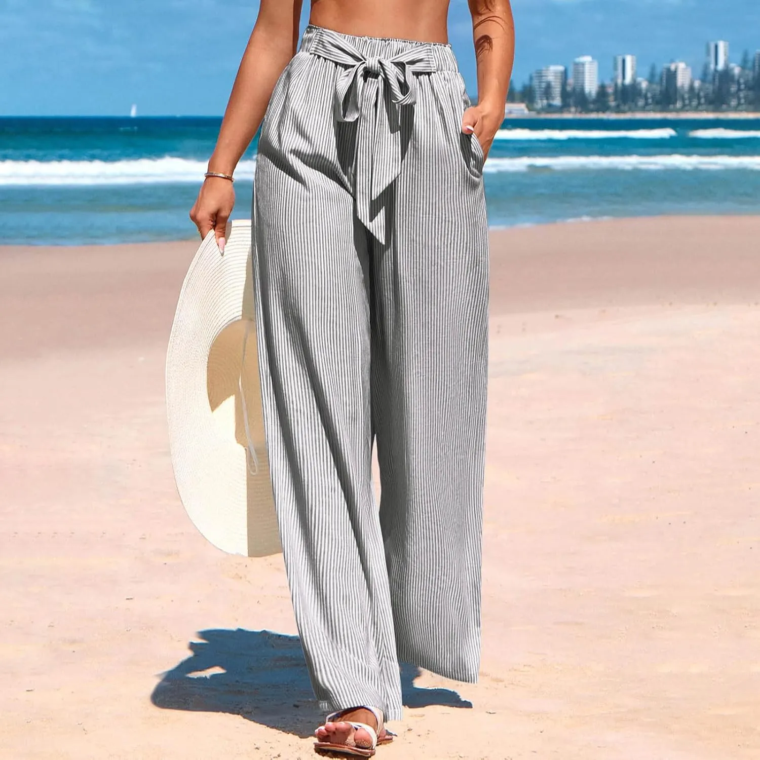 Lastesso Capri Pants for Women Fashion Vertical Stripe High Waist Belted Trousers Flowy Boho Business Casual Summer Outfits