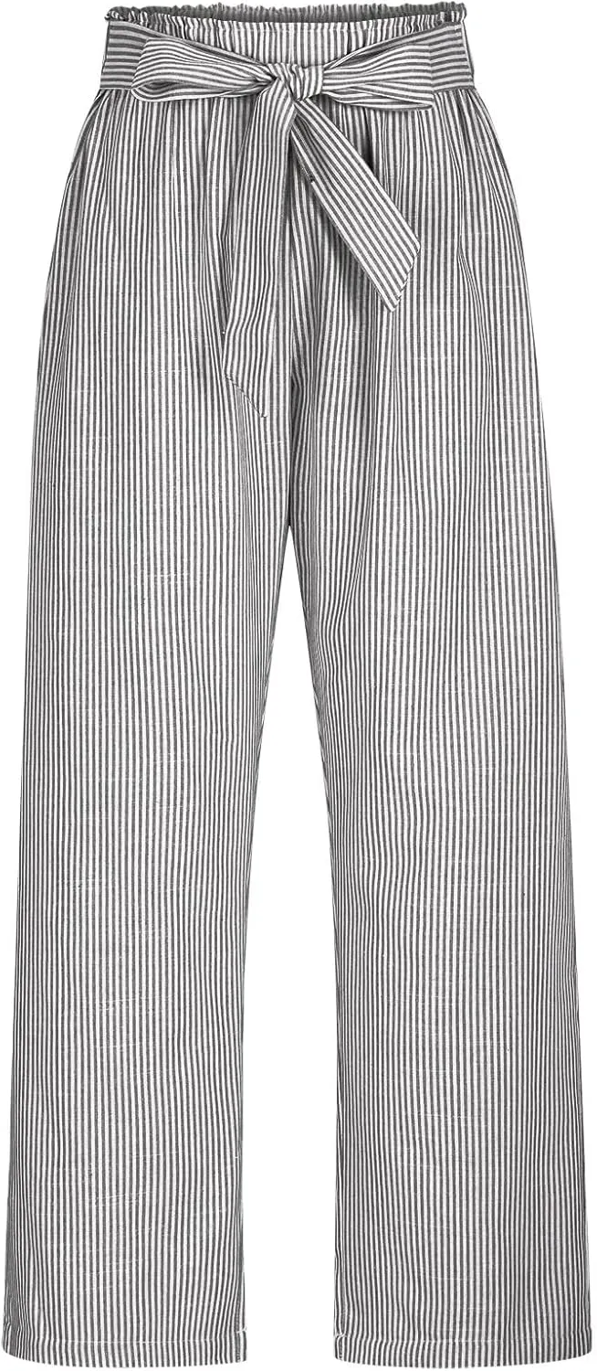 Lastesso Capri Pants for Women Fashion Vertical Stripe High Waist Belted Trousers Flowy Boho Business Casual Summer Outfits