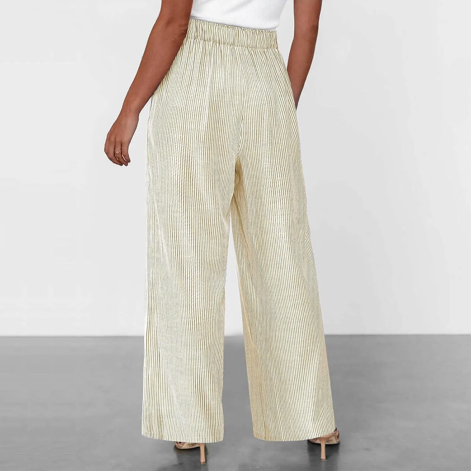 Lastesso Capri Pants for Women Fashion Vertical Stripe High Waist Belted Trousers Flowy Boho Business Casual Summer Outfits