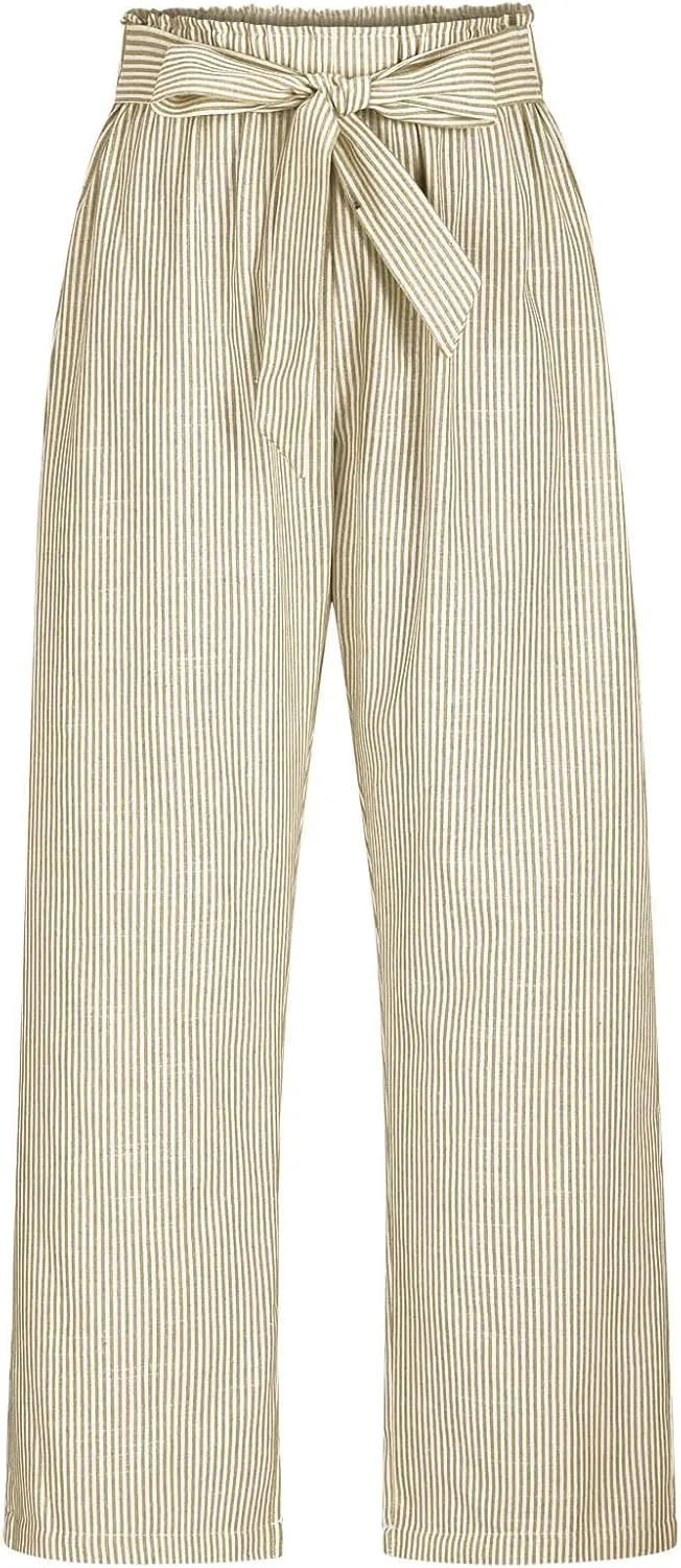 Lastesso Capri Pants for Women Fashion Vertical Stripe High Waist Belted Trousers Flowy Boho Business Casual Summer Outfits