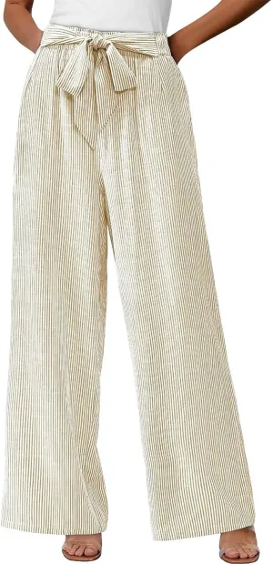 Lastesso Capri Pants for Women Fashion Vertical Stripe High Waist Belted Trousers Flowy Boho Business Casual Summer Outfits