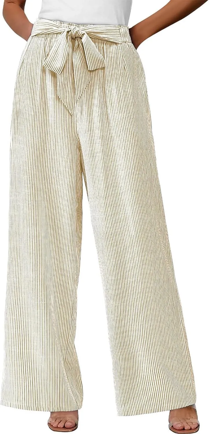 Lastesso Capri Pants for Women Fashion Vertical Stripe High Waist Belted Trousers Flowy Boho Business Casual Summer Outfits
