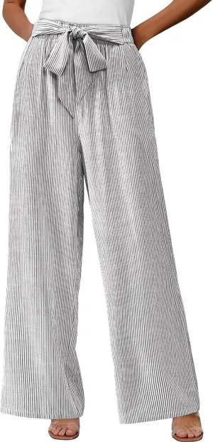 Lastesso Capri Pants for Women Fashion Vertical Stripe High Waist Belted Trousers Flowy Boho Business Casual Summer Outfits
