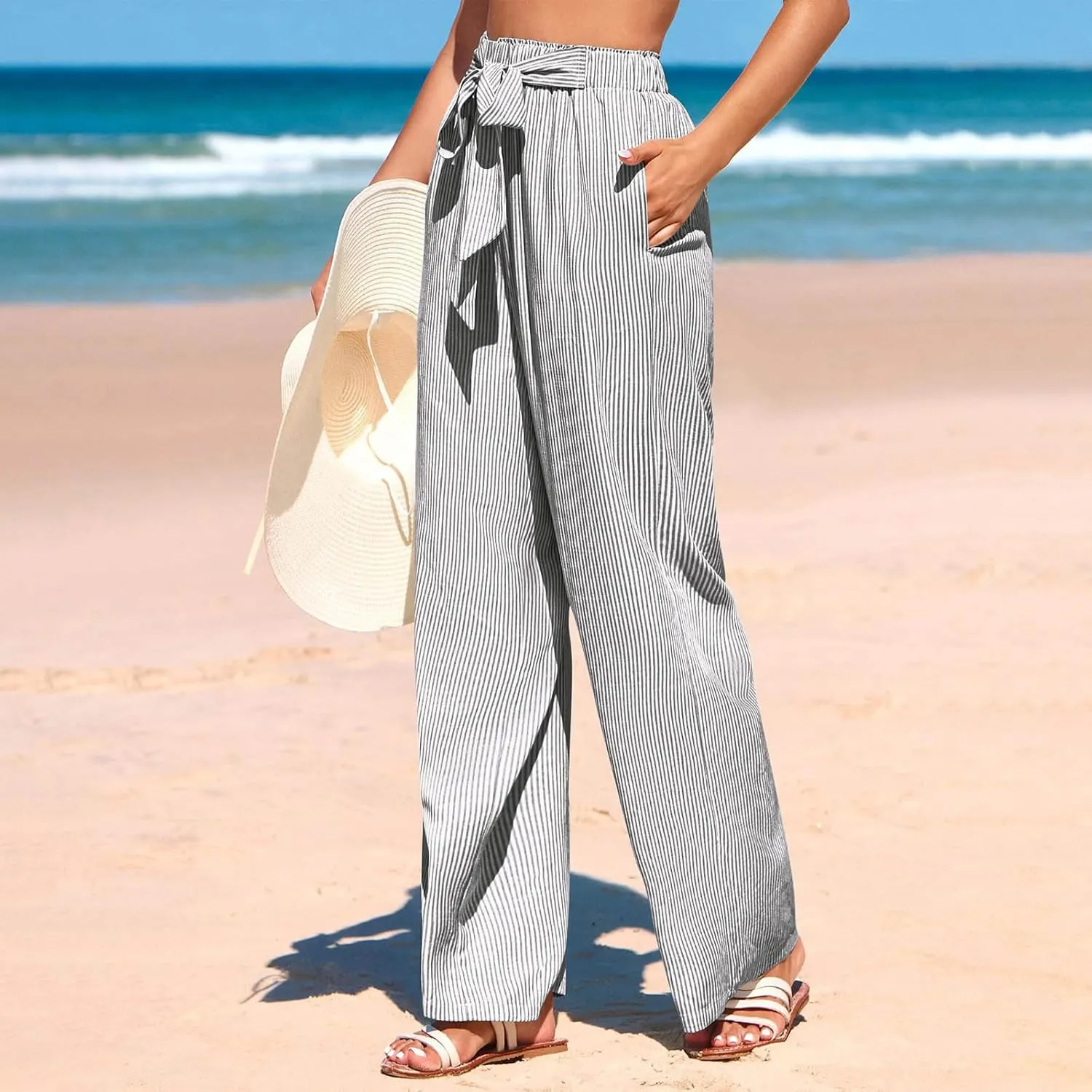 Lastesso Capri Pants for Women Fashion Vertical Stripe High Waist Belted Trousers Flowy Boho Business Casual Summer Outfits