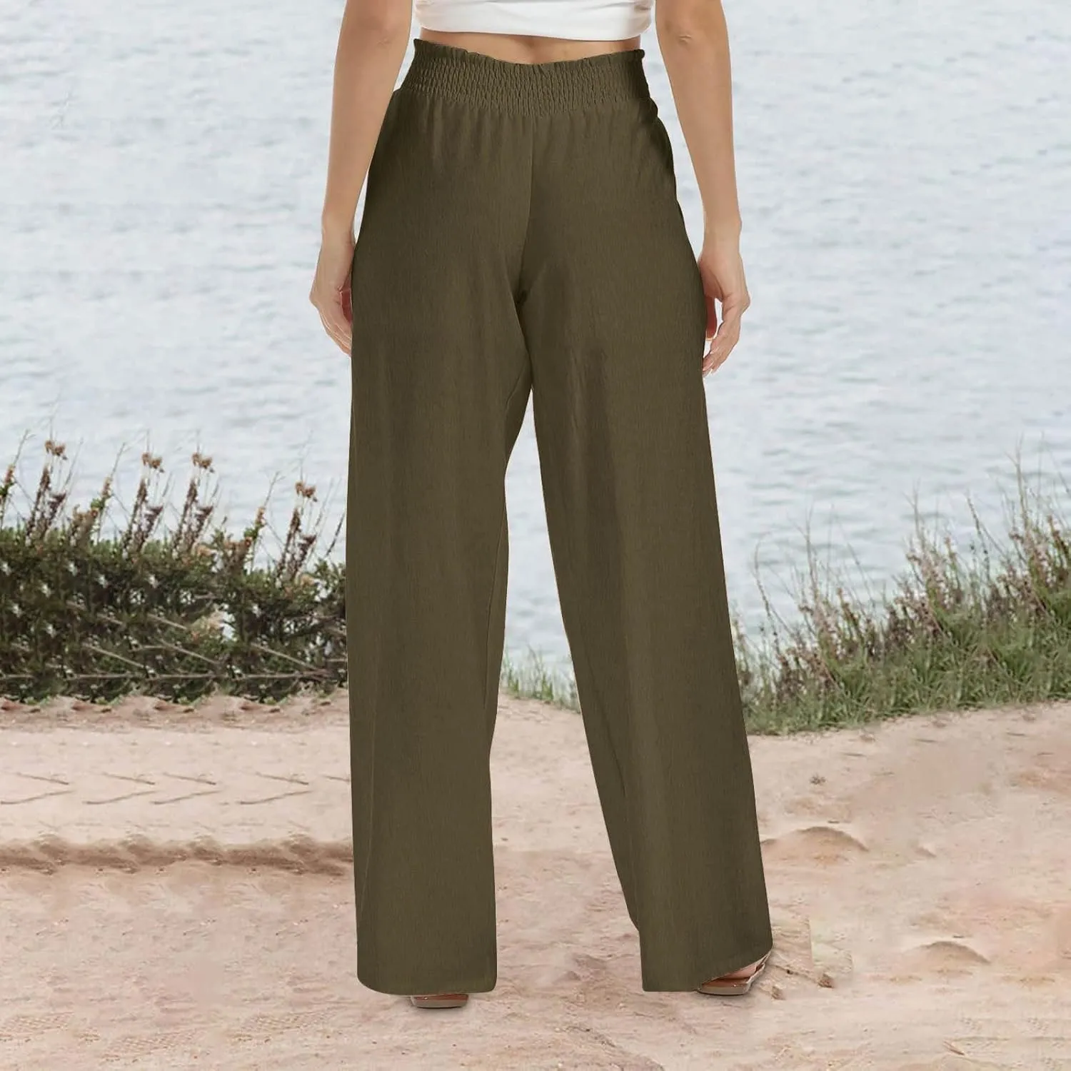Lastesso Linen Pants Women Trendy High Waist Wide Leg Trousers with Pockets Loose Comfy Cotton Linen Lounge Homewaer Pants