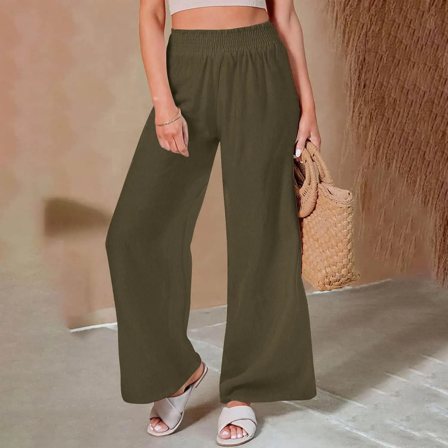 Lastesso Linen Pants Women Trendy High Waist Wide Leg Trousers with Pockets Loose Comfy Cotton Linen Lounge Homewaer Pants