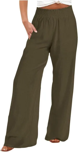 Lastesso Linen Pants Women Trendy High Waist Wide Leg Trousers with Pockets Loose Comfy Cotton Linen Lounge Homewaer Pants