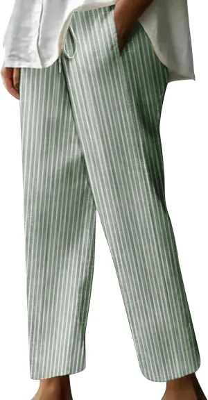 Lastesso Linen Pants Women Vertical Stripe High Waist Drawstring Trousers with Pockets Soft Color Block Summer Beach Clothes