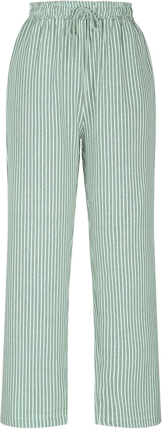 Lastesso Linen Pants Women Vertical Stripe High Waist Drawstring Trousers with Pockets Soft Color Block Summer Beach Clothes