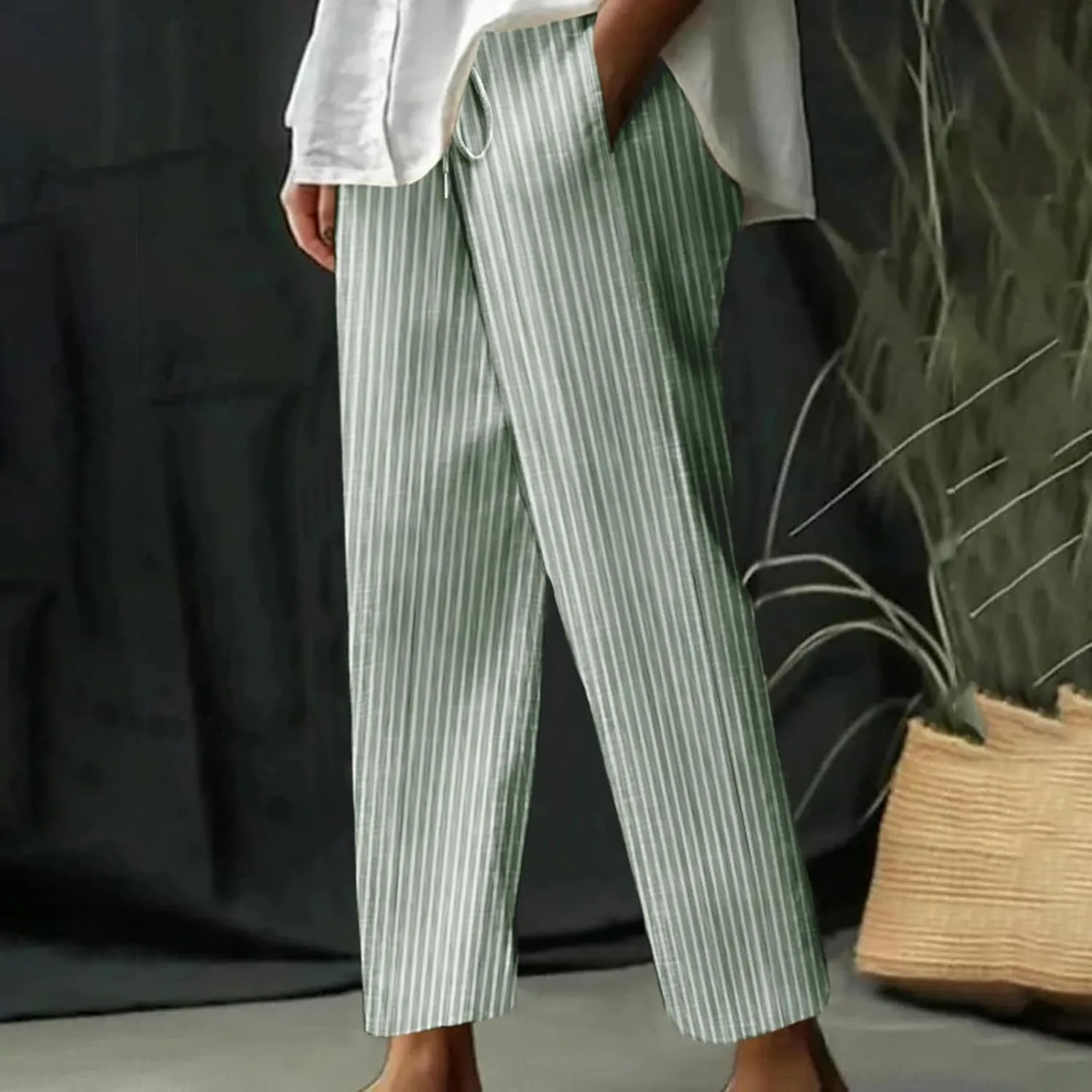 Lastesso Linen Pants Women Vertical Stripe High Waist Drawstring Trousers with Pockets Soft Color Block Summer Beach Clothes
