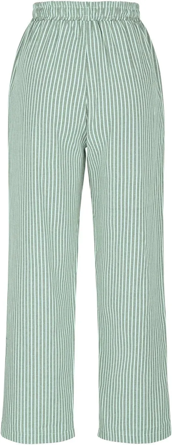 Lastesso Linen Pants Women Vertical Stripe High Waist Drawstring Trousers with Pockets Soft Color Block Summer Beach Clothes