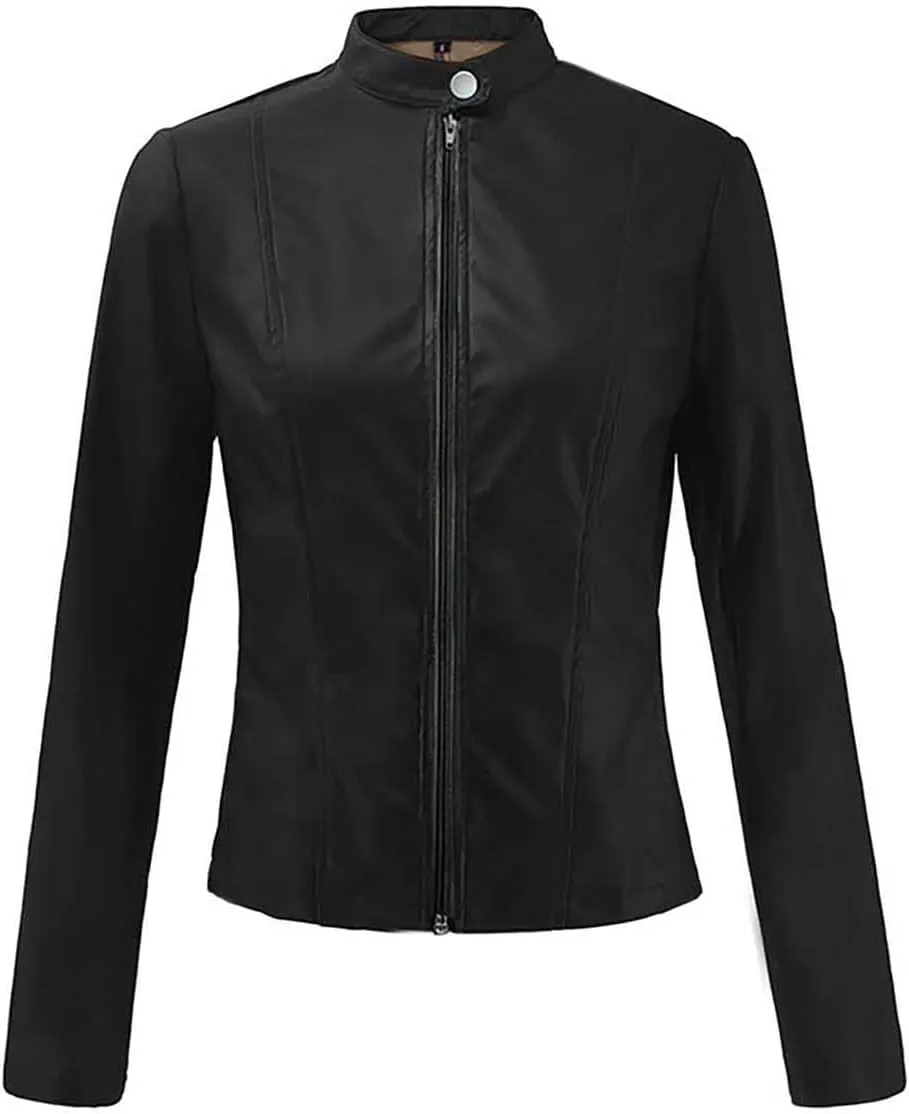 LCMTWX Womens Jacket Solid Full Zip Snap Stand Collar Long Sleeve Cardigan Slim Jacket Coat for Vacation Motorcycle Red