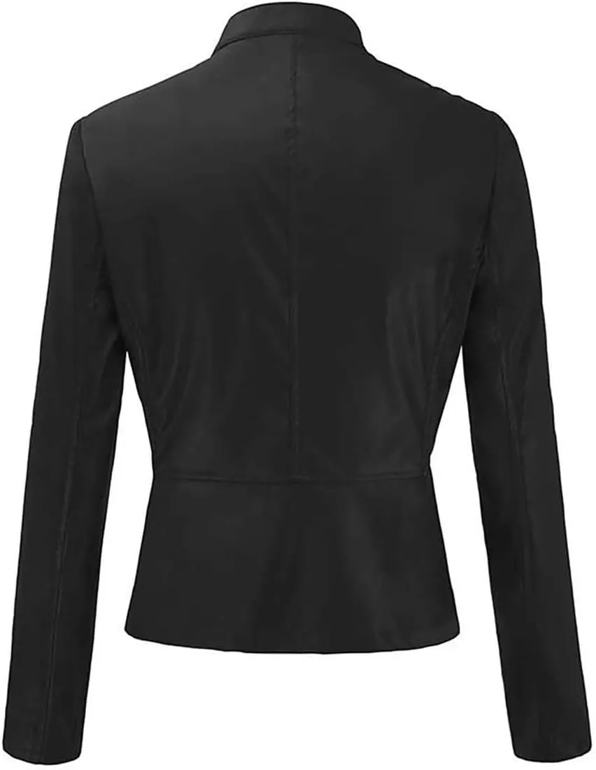 LCMTWX Womens Jacket Solid Full Zip Snap Stand Collar Long Sleeve Cardigan Slim Jacket Coat for Vacation Motorcycle Red