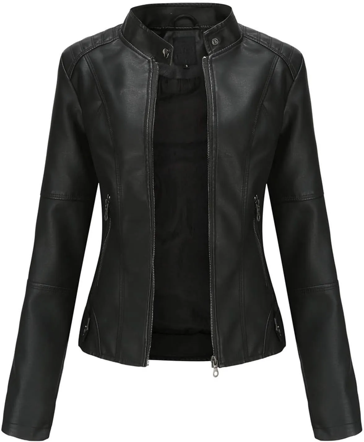 LCMTWX Womens Jacket Solid Full Zip Snap Stand Collar Long Sleeve Cardigan Slim Jacket Coat for Vacation Motorcycle Red