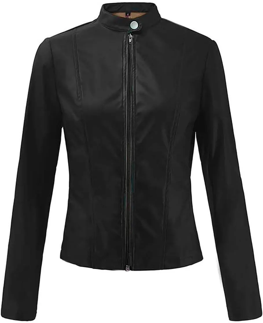 LCMTWX Womens Jacket Solid Full Zip Snap Stand Collar Long Sleeve Cardigan Slim Jacket Coat for Vacation Motorcycle Red