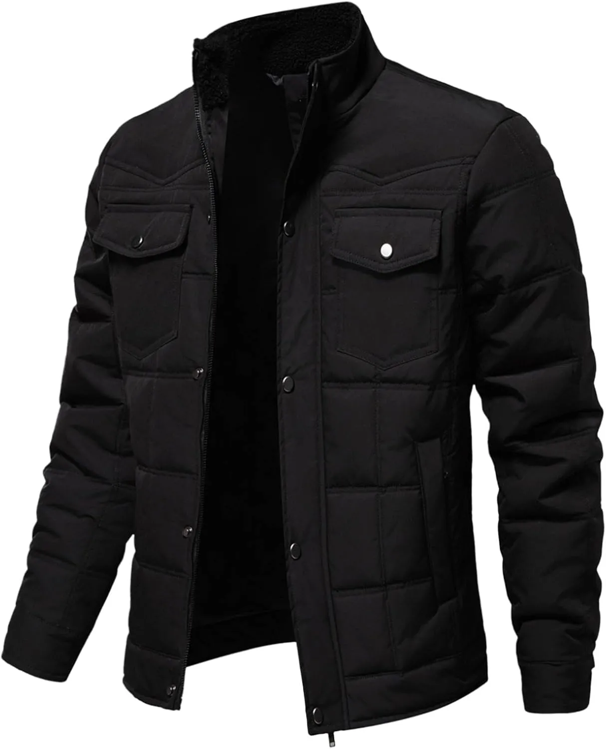 lcziwo men's quilted jackets Sherpa Stand Collar Full Zip Warm Cargo Pockets Work Trucker padded Cotton winter Coat