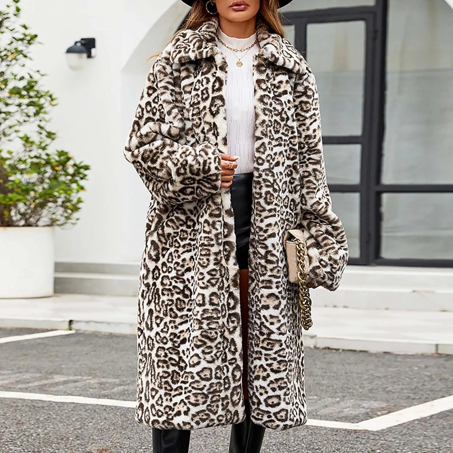 Leopard Print Cardigan for Women Winter Luxury Faux Fur Warm Coats Open Front Long Sleeve Dressy Shaggy Jackets