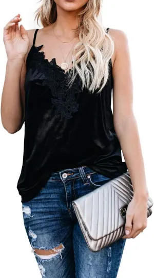 lime flare Women Sexy Velvet V Neck Lace Cami Tank Tops