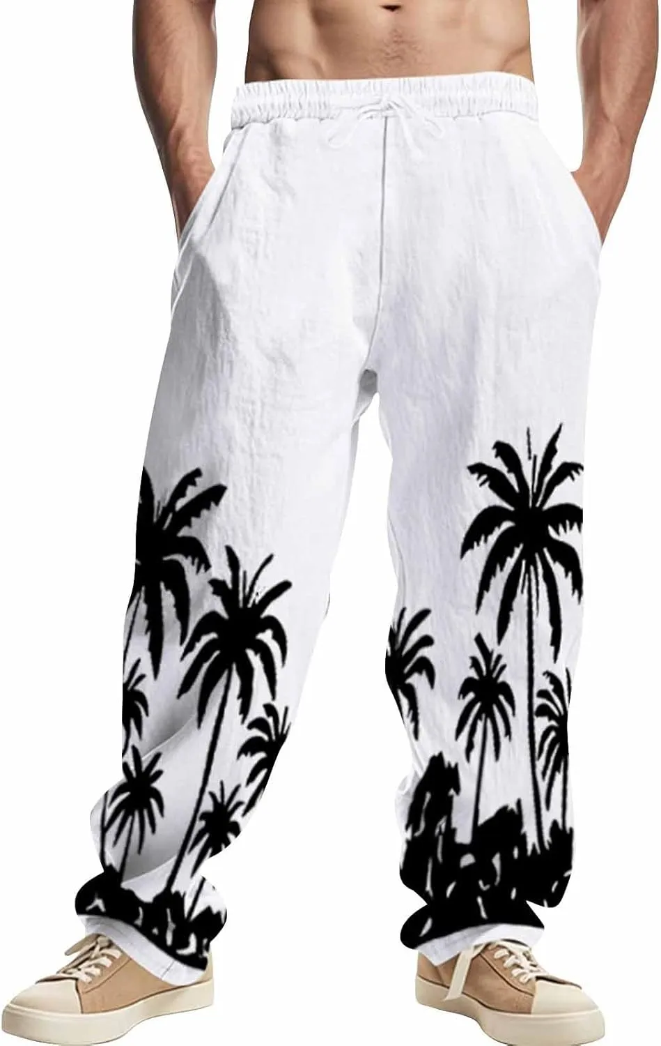 Linen Pants for Men Cotton Elastic Waist Drawstring Lightweight Loose fit Pant Vacation Casual Beach Baggy Trousers