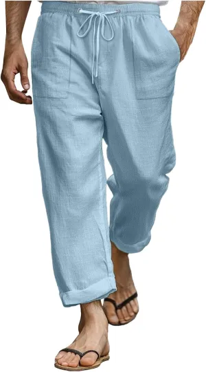 Linen Pants for Men Elastic Waist Lightweight Cotton Loose fit Pants with Pocket Casual Vacation Summer Trouser