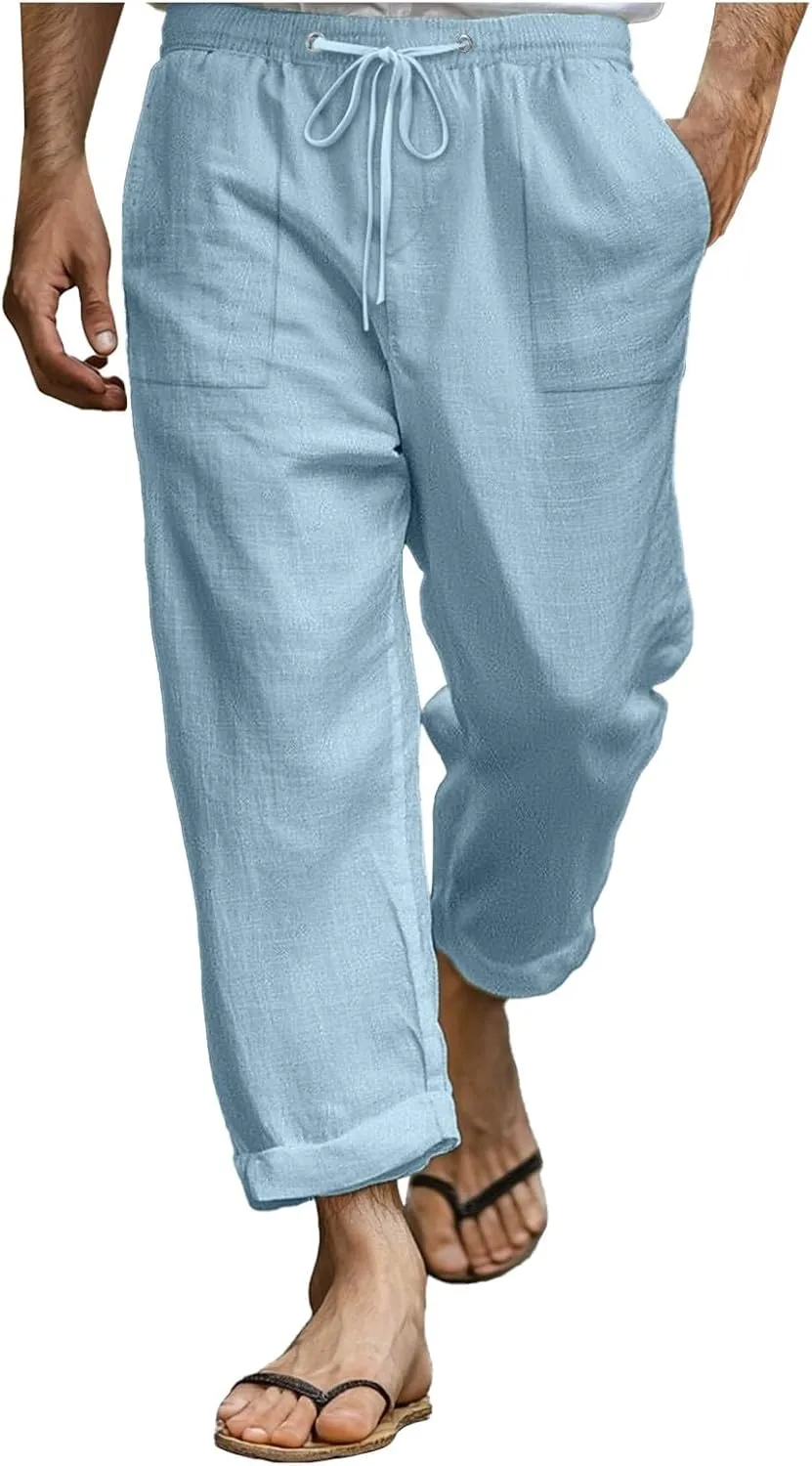Linen Pants for Men Elastic Waist Lightweight Cotton Loose fit Pants with Pocket Casual Vacation Summer Trouser