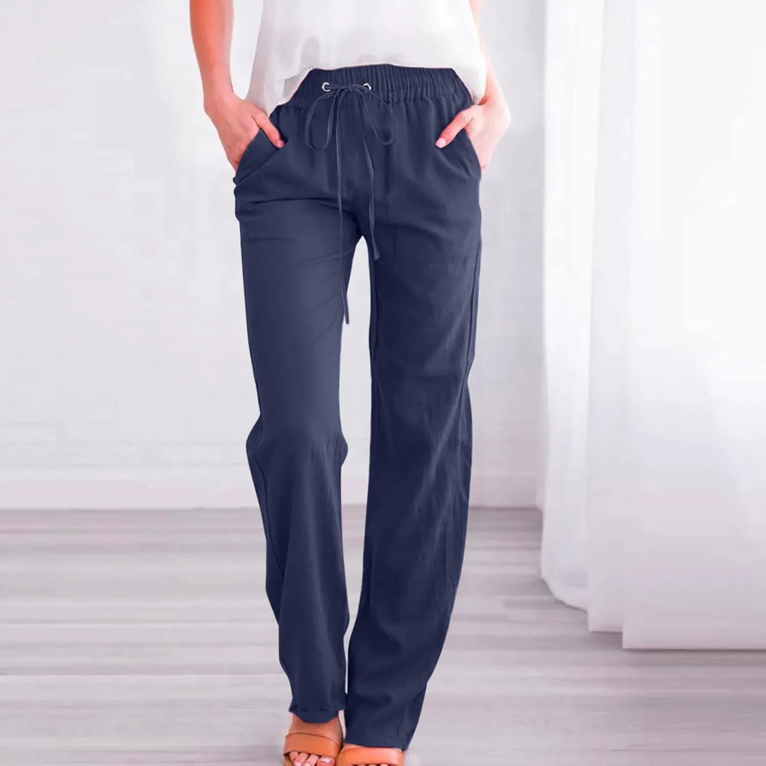 Linen Pants for Women 2024 Summer Casual Drawstring Elastic High Waist Pants Wide Leg Long Trouser with Pockets