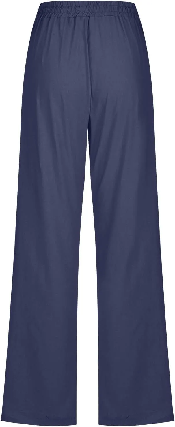 Linen Pants for Women 2024 Summer Casual Drawstring Elastic High Waist Pants Wide Leg Long Trouser with Pockets