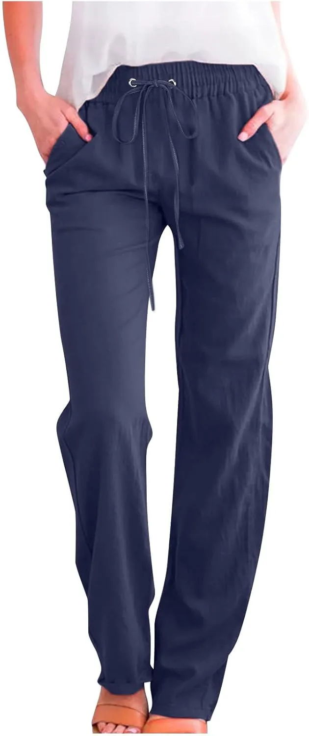 Linen Pants for Women 2024 Summer Casual Drawstring Elastic High Waist Pants Wide Leg Long Trouser with Pockets