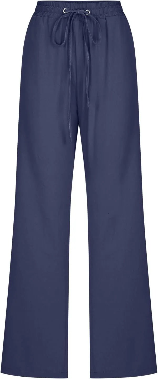 Linen Pants for Women 2024 Summer Casual Drawstring Elastic High Waist Pants Wide Leg Long Trouser with Pockets