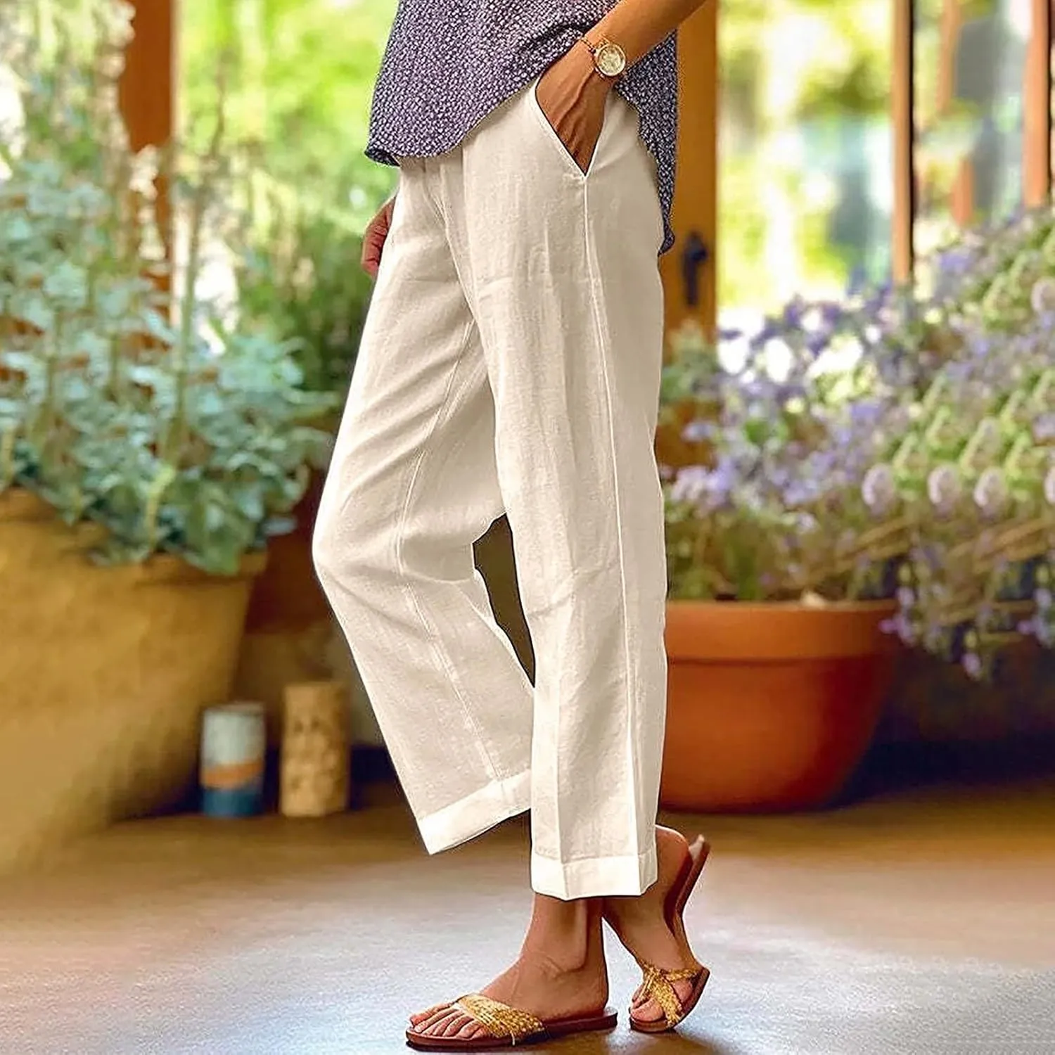 Linen Pants for Women 2025 Plus Size Trendy Solid Color Spring Summer Gauze Pants Elastic Waist Comfy Trousers