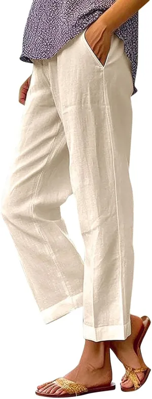 Linen Pants for Women 2025 Plus Size Trendy Solid Color Spring Summer Gauze Pants Elastic Waist Comfy Trousers