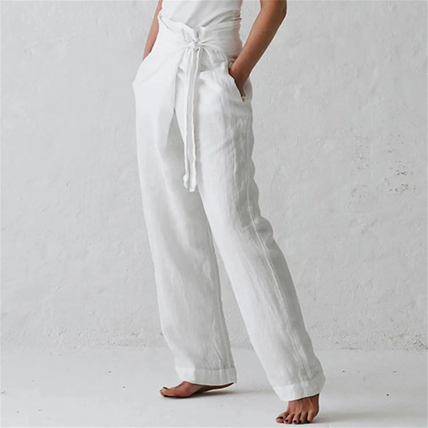 Linen Pants for Women Casual Summer High Waisted Wide Leg Belted Lounge Pants Lounge Solid Beach Trousers with Pocket