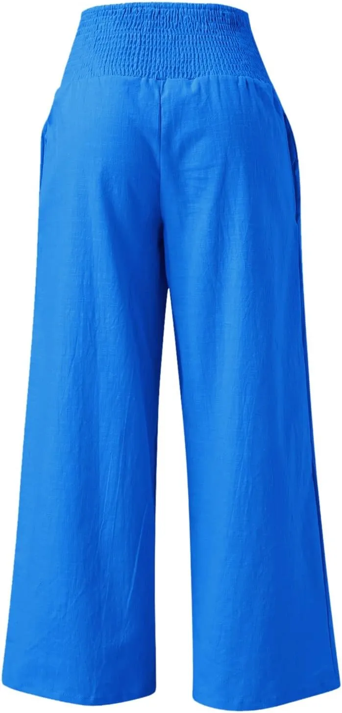 Linen Pants for Women Loose Pants Comfy Cropped Work Pants with Pockets Elastic High Waist Paper Bag with Side
