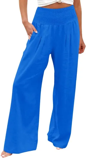 Linen Pants for Women Loose Pants Comfy Cropped Work Pants with Pockets Elastic High Waist Paper Bag with Side