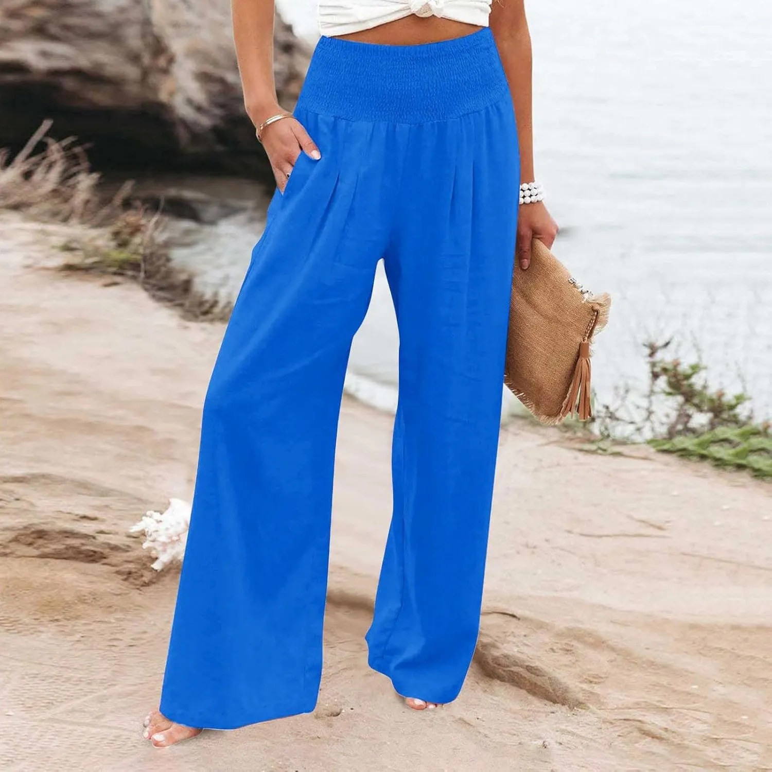 Linen Pants for Women Loose Pants Comfy Cropped Work Pants with Pockets Elastic High Waist Paper Bag with Side