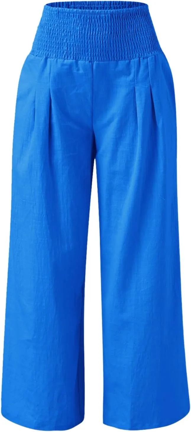 Linen Pants for Women Loose Pants Comfy Cropped Work Pants with Pockets Elastic High Waist Paper Bag with Side