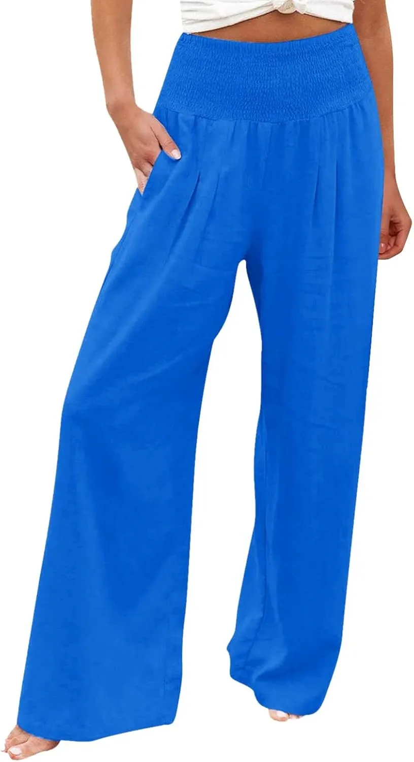 Linen Pants for Women Loose Pants Comfy Cropped Work Pants with Pockets Elastic High Waist Paper Bag with Side
