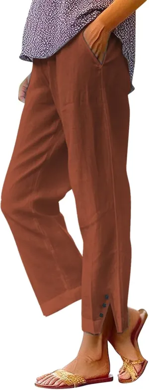 Linen Pants for Women Petite Elastic Trousers Cotton Casual Loose Linen Beach Pants Summer Vacatio Outfit