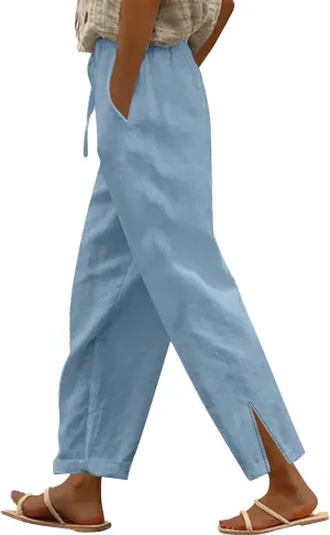 Linen Pants for Women Summer 2025 Elastic Waist Straight Leg Lightweight Pants Vacation Beach Casual Trendy Trousers