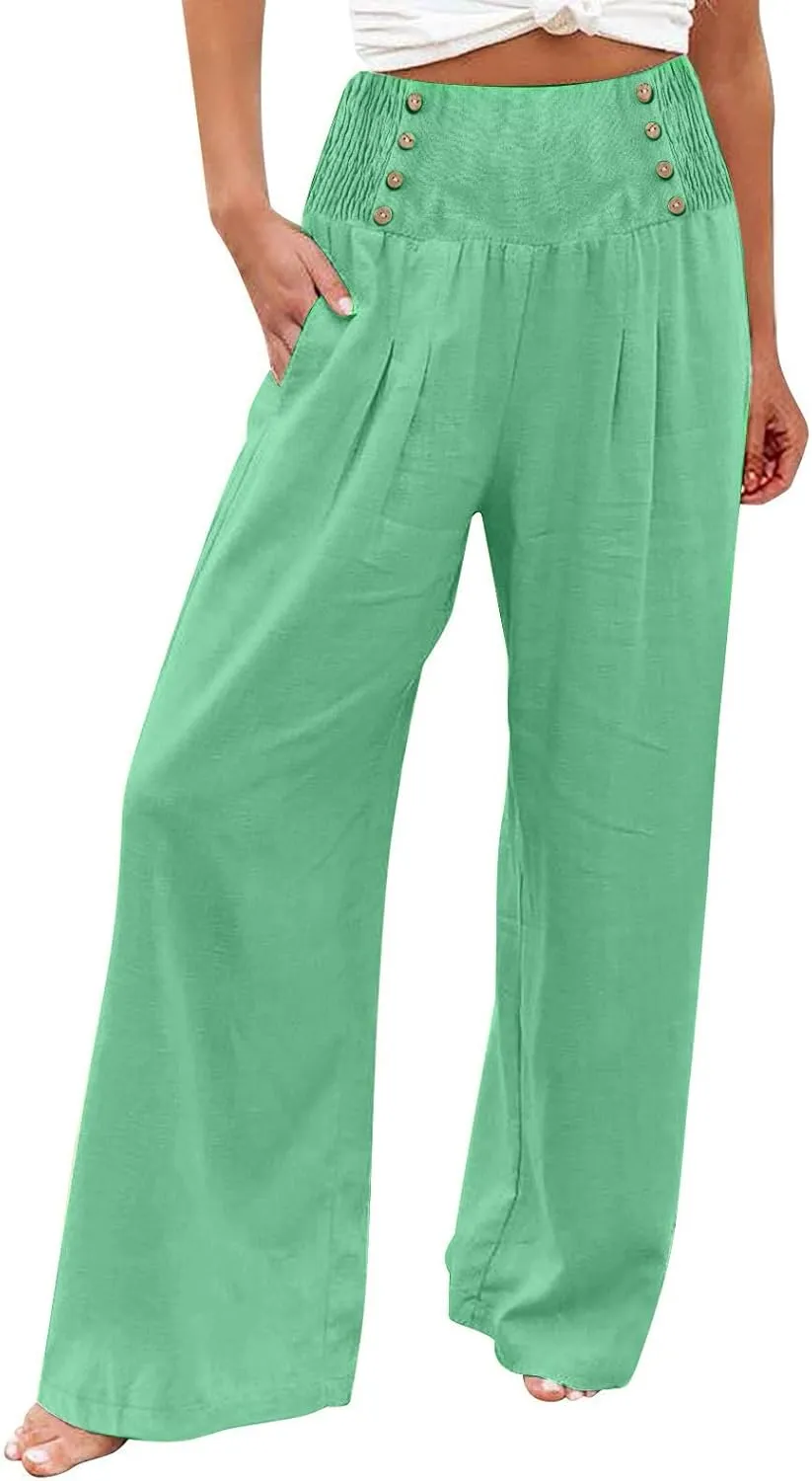 Linen Pants Women Comfy Flowy Wide Leg Pants Trousers Summer High Waisted Beach Palazzo Pants with Pockets 2025