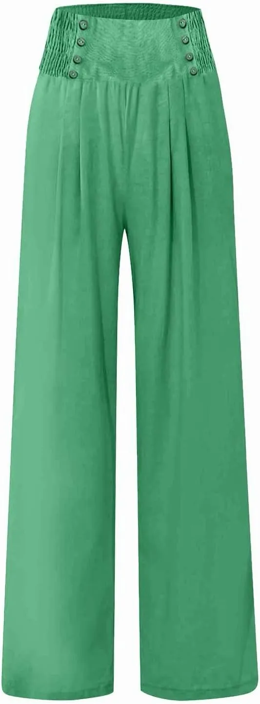Linen Pants Women Comfy Flowy Wide Leg Pants Trousers Summer High Waisted Beach Palazzo Pants with Pockets 2025